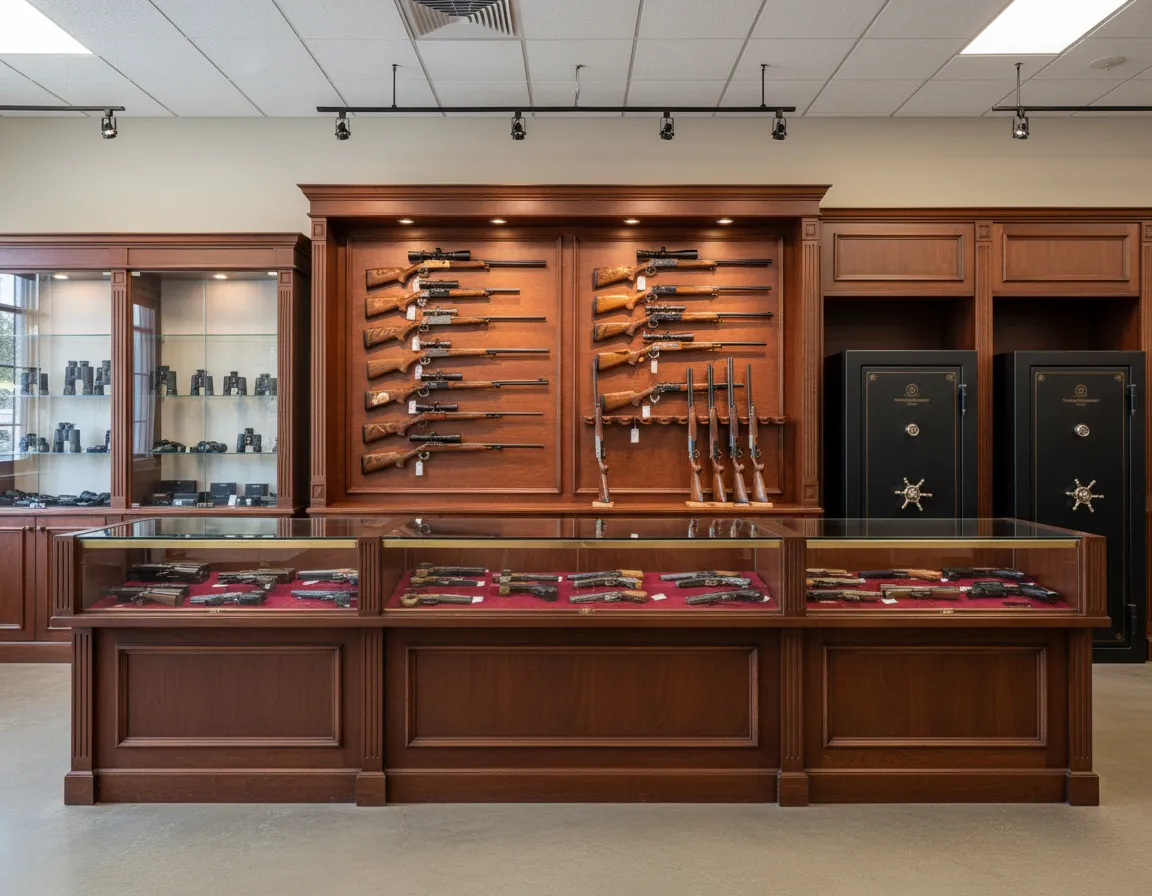 Wall of rifles and handguns displayed in the Firearms department